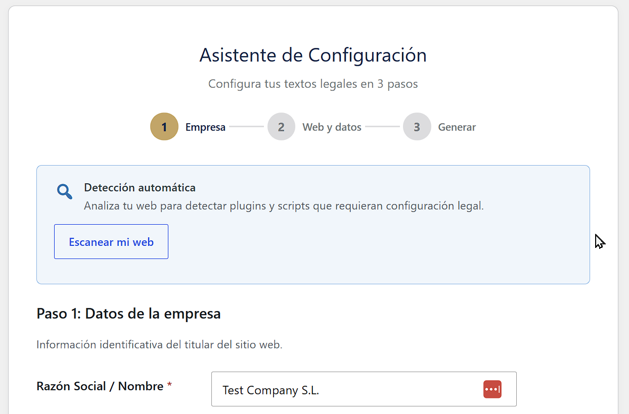 Asistente de Configuración del plugin en el panel de WordPress: 3 pasos (Empresa, Web y datos, Generar) con la detección automática y el formulario de datos de la empresa