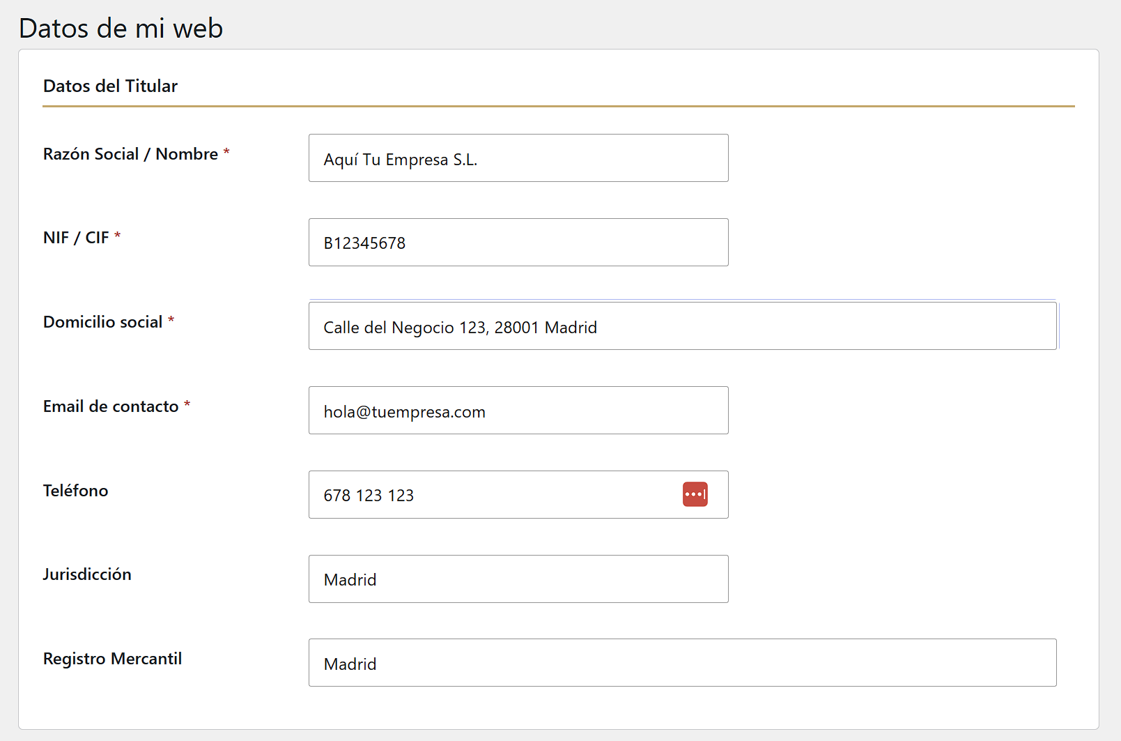 Pantalla Datos de mi web con el formulario de datos del titular: razón social, NIF, domicilio, email y teléfono