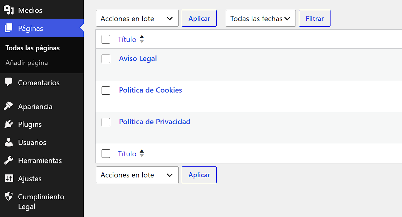 Listado de páginas de WordPress con Aviso Legal, Política de Cookies y Política de Privacidad publicadas